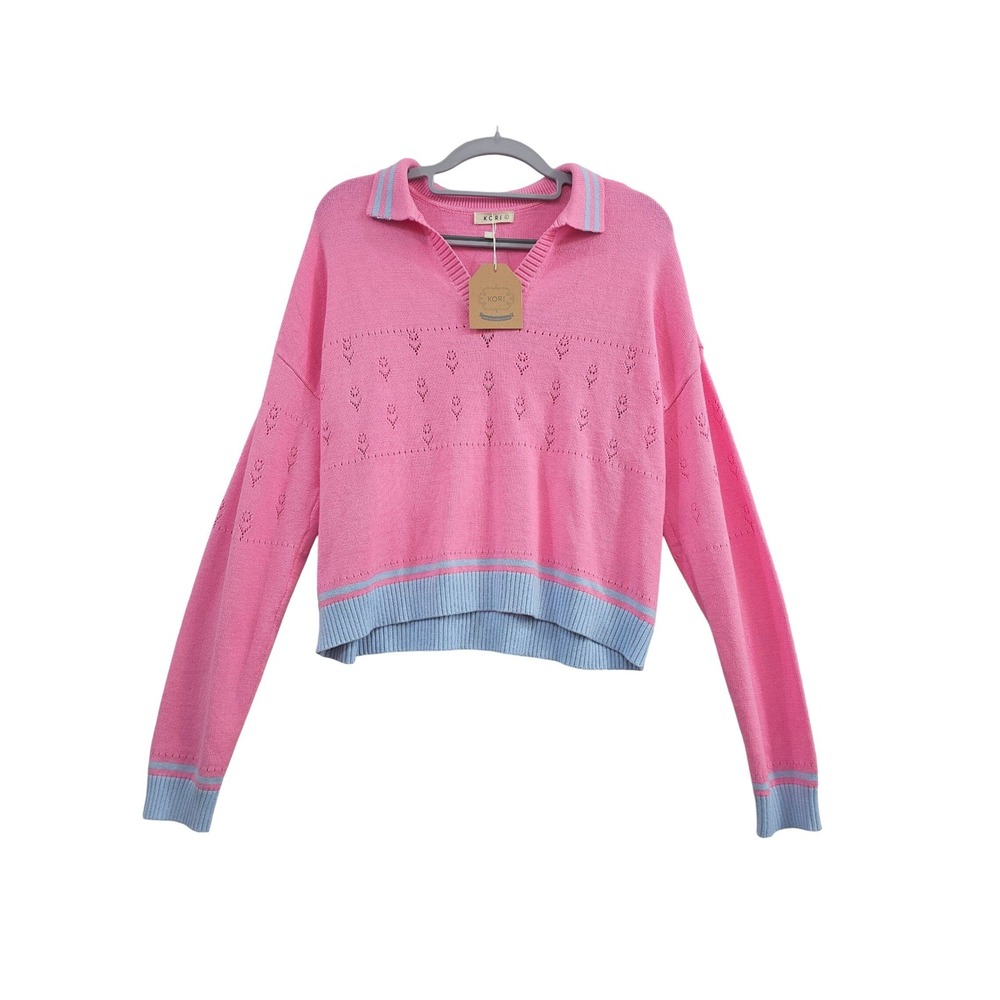 Kori Polo Sweater Womens L Pink Blue Striped Pointelle Knit Cropped C7384 New